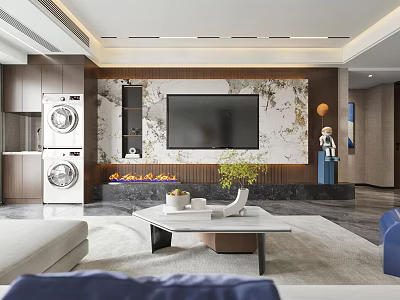 Modern Living and Dining Room Interior with Marble Accent Wall TV Fireplace Sofa and Coffee Table 3d model
