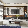 Modern Living and Dining Room Interior with Marble Accent Wall TV Fireplace Sofa and Coffee Table