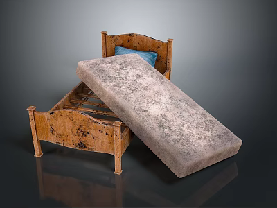 Vintage Wooden Bed Frame Featuring Open Mattress And Blue Pillow 3d model