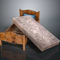 Vintage Wooden Bed Frame Featuring Open Mattress And Blue Pillow