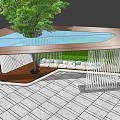 Modern Pergola With Curved Roof Large Tree And Seating Benches On Stone Floor