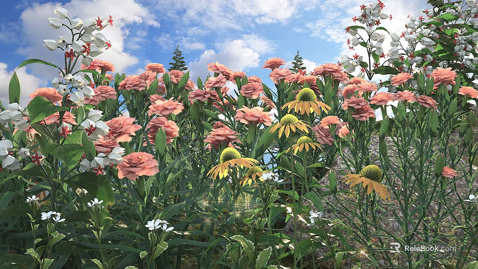 Pink and Yellow Flowers with Small White Flowers and Green Leaves Under Blue Sky Clouds 3d model 