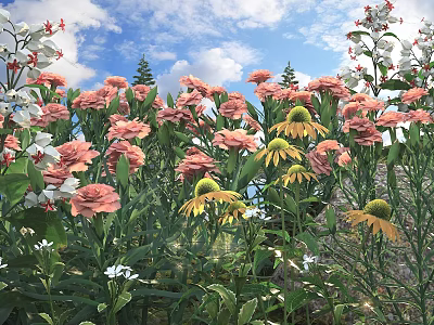 Pink and Yellow Flowers with Small White Flowers and Green Leaves Under Blue Sky Clouds 3d model
