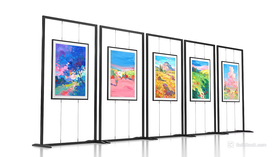 Exhibition Display Wall with Multiple Black Framed Panels and Colorful Artworks 3d model 