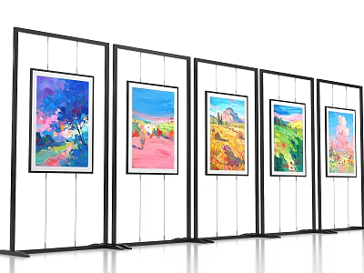 Exhibition Display Wall with Multiple Black Framed Panels and Colorful Artworks 3d model