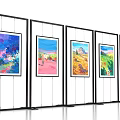 Exhibition Display Wall with Multiple Black Framed Panels and Colorful Artworks