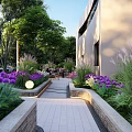 Modern Urban Plaza Landscape With Contemporary Building Lush Greenery And Stone Pathways