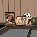 Tabletop Photo Frames With Child Toy Multiple Photos And Panda On Wooden Background