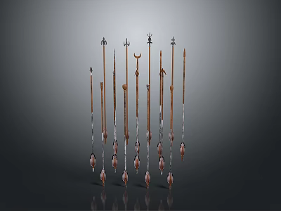 Ancient Weapons Collection Showcasing Various Spear Designs With Metal Tips And Wooden Shafts 3d model