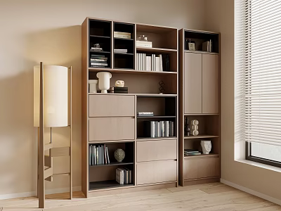 Modern Wooden Bookcase With Multiple Shelves Drawers And Decorative Items In Room Interior 3d model