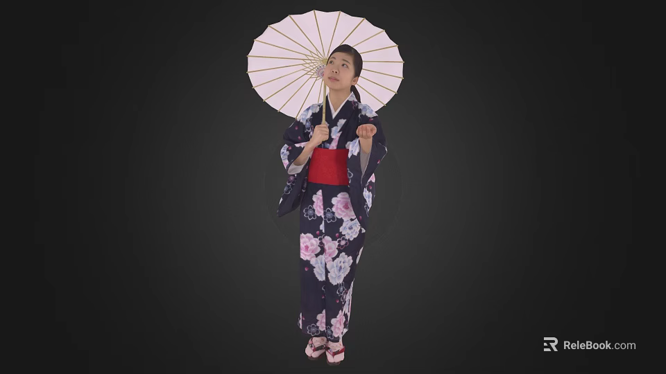 Woman in traditional floral kimono holding white umbrella against black background 3d model 
