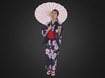 Woman in traditional floral kimono holding white umbrella against black background 3d model