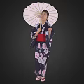 Woman in traditional floral kimono holding white umbrella against black background