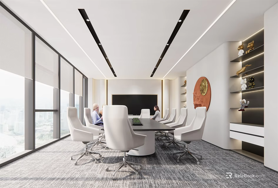 Modern Conference Room With White Chairs Round Table Large Screen Decorative Art And Scenic Window 3d model 