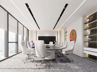 Modern Conference Room With White Chairs Round Table Large Screen Decorative Art And Scenic Window 3d model