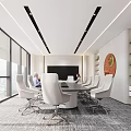 Modern Conference Room With White Chairs Round Table Large Screen Decorative Art And Scenic Window