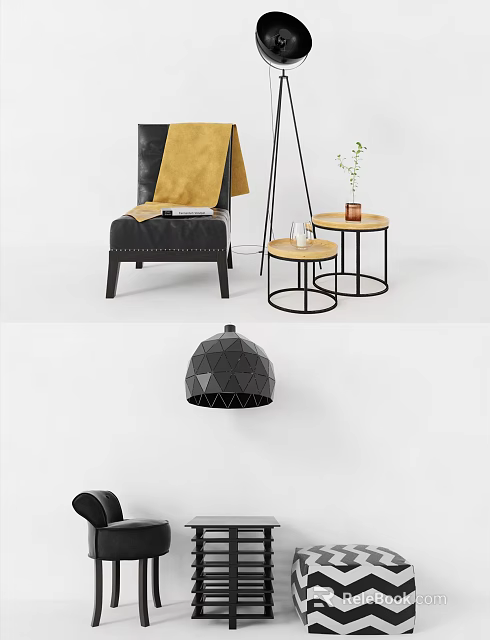 Black Leather Single Sofa With Yellow Throw Blanket And Round Side Tables 3d model