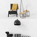 Black Leather Single Sofa With Yellow Throw Blanket And Round Side Tables 3d model
