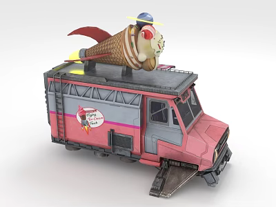 Pink Utility Vehicle Featuring Giant Ice Cream Cone on Roof with Wings and Hat Design 3d model