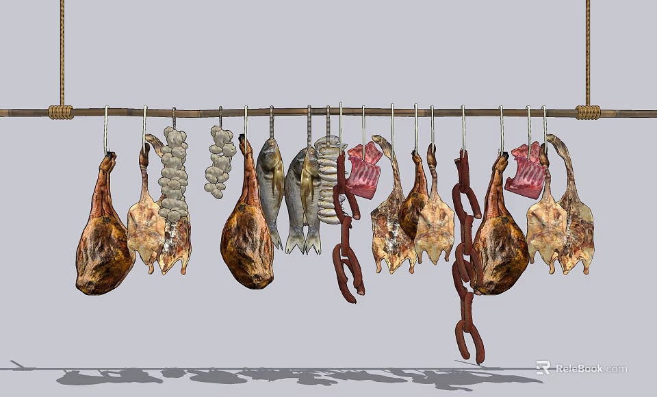 Hanging Various Meat Food Display With Different Cuts Including Ham And Ribs 3d model 