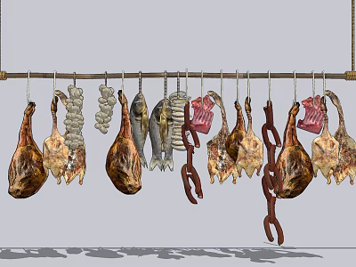 Hanging Various Meat Food Display With Different Cuts Including Ham And Ribs 3d model