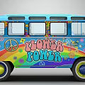 Colorful Volkswagen Bus Featuring Flower Power Peace Symbols Floral Patterns and Rainbow Design