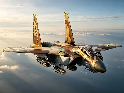 Camouflage Painted Fighter Jet With Wing Emblems Flying Over Clouds During Sunset 3d model