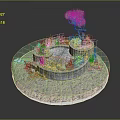 Cartoon Scenic Circular Garden With Stone Wall Tree And Decorative Plants