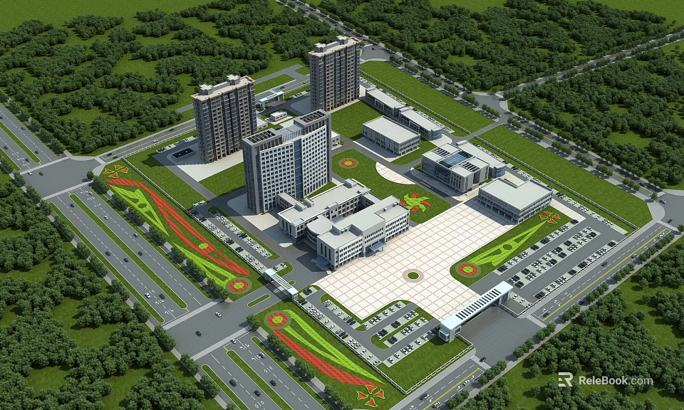 Hospital Building Complex With Tall Structures Greenery Parking Lots And Central Plaza 3d model 
