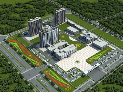 Hospital Building Complex With Tall Structures Greenery Parking Lots And Central Plaza 3d model