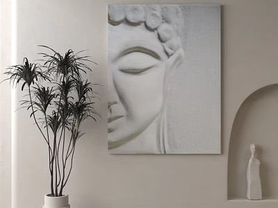 Minimalist Wall Decor With Buddha Head Painting Plant And Arched Niche Statue 3d model
