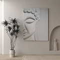 Minimalist Wall Decor With Buddha Head Painting Plant And Arched Niche Statue