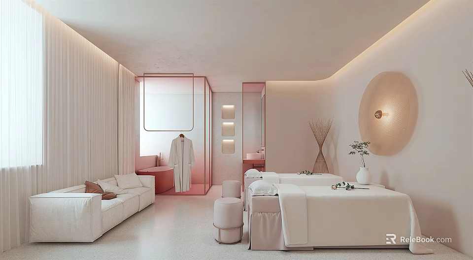 Pink and White SPA Sauna Open Space with Sofa Bed Clothing Rack Round Lamp Plants 3d model 