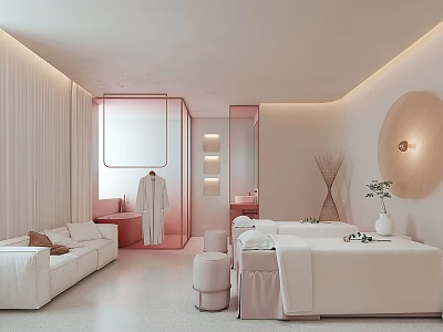 Pink and White SPA Sauna Open Space with Sofa Bed Clothing Rack Round Lamp Plants 3d model