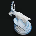 Detailed White Goat Sculpture Carving With Large Antlers On Rock Base