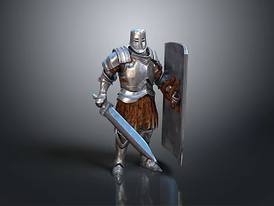 Medieval Armored Knight In Silver Metallic Armor Holding Sword And Shield With Brown Decoration 3d model