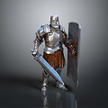 Medieval Armored Knight In Silver Metallic Armor Holding Sword And Shield With Brown Decoration