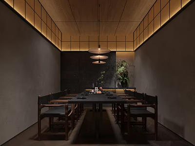 Japanese Restaurant Interior With Wooden Ceiling Long Table Hanging Lights And Green Plants 3d model