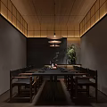 Japanese Restaurant Interior With Wooden Ceiling Long Table Hanging Lights And Green Plants