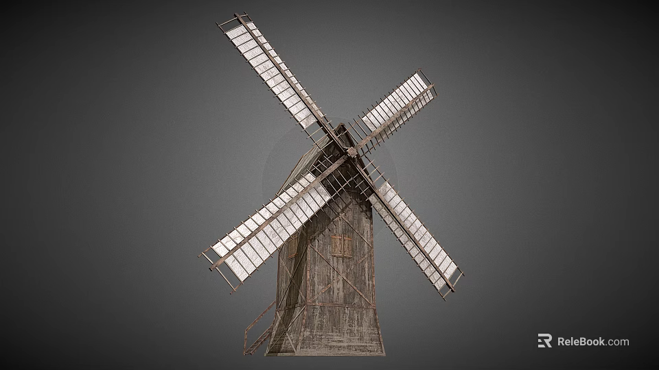 Traditional Agricultural Windmill Equipment With Wooden Structure And Four Metal Blades 3d model 