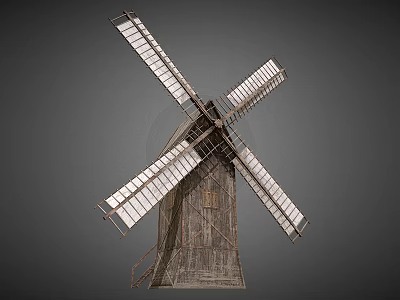 Traditional Agricultural Windmill Equipment With Wooden Structure And Four Metal Blades 3d model