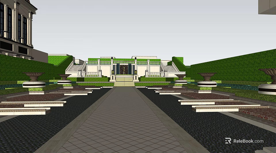 Symmetric Garden Landscape With Central Pathway Lawn Terraces And Ornamental Planters 3d model 