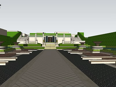 Symmetric Garden Landscape With Central Pathway Lawn Terraces And Ornamental Planters 3d model