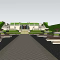 Symmetric Garden Landscape With Central Pathway Lawn Terraces And Ornamental Planters