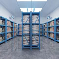 Spacious Warehouse Storage Area With Blue Metal Racks And Stacked Goods