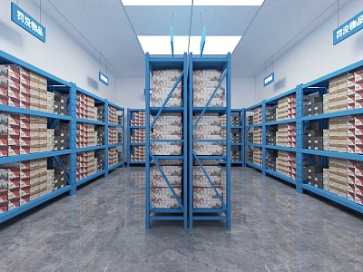 Spacious Warehouse Storage Area With Blue Metal Racks And Stacked Goods 3d model