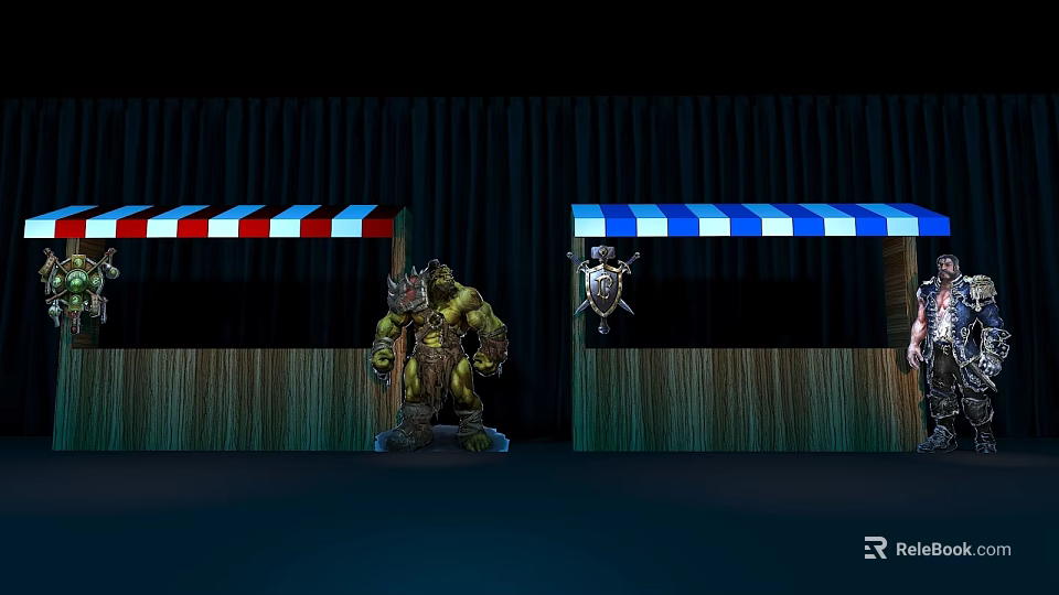 Wooden Stalls With Red White Blue Striped Awnings Green Skinned Monster Shield Emblem Dark Curtain Background 3d model 