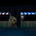 Wooden Stalls With Red White Blue Striped Awnings Green Skinned Monster Shield Emblem Dark Curtain Background
