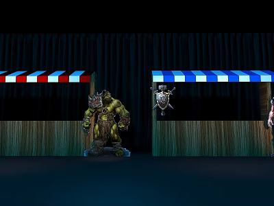Wooden Stalls With Red White Blue Striped Awnings Green Skinned Monster Shield Emblem Dark Curtain Background 3d model