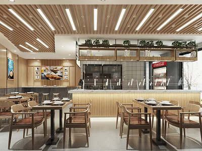 Modern Restaurant Interior With Wooden Ceiling Linear Lights Dining Tables Counter And Green Plants 3d model